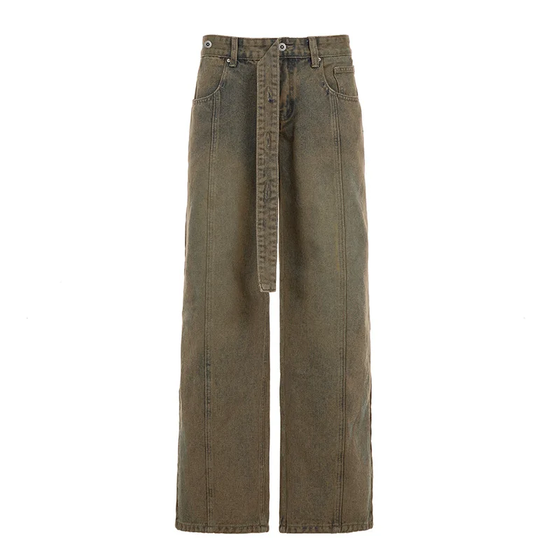 

Street style retro loose wide leg jeans with low waist and fashion design waist belt pants