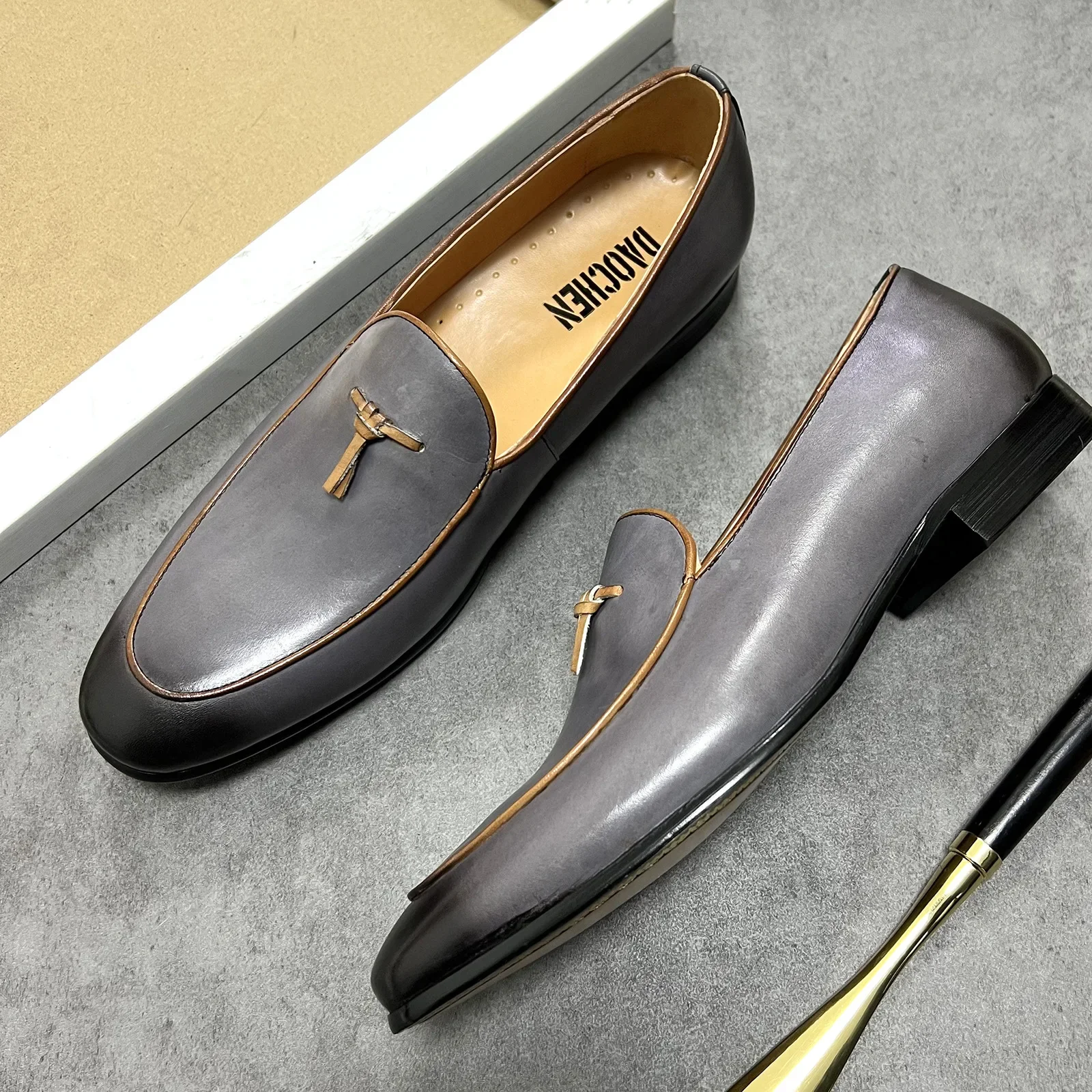 ITALIAN MEN LOAFERS SHOES GRAY HANDMADE SLIP ON TASSEL LOAFERS WEDDING OFFICE SHOES REAL LEATHER CASUAL DRESS MEN SHOES