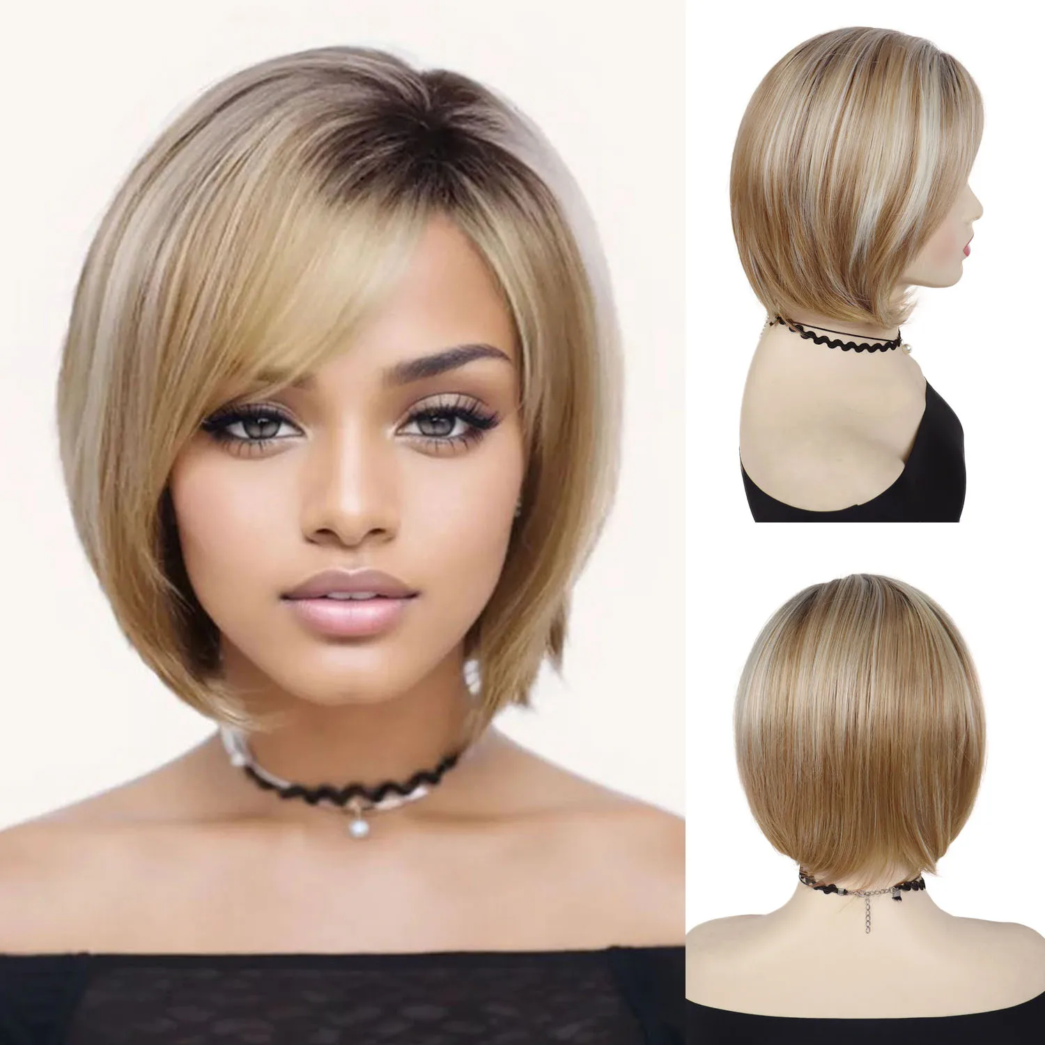 

Смешанные блондинки, короткие парики боб, синтетические волосы, прямой парик с челкой для женщин, естественный вид, повседневный костюм, вечерние, термостойкие