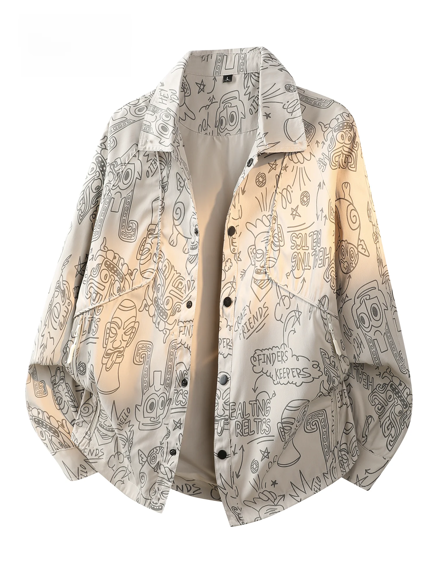 Large Size Graffiti Print Casual Long Sleeve Shirt Collared Loose Fit Polyester Fiber Spring Autumn Men's Fashion Outerwear