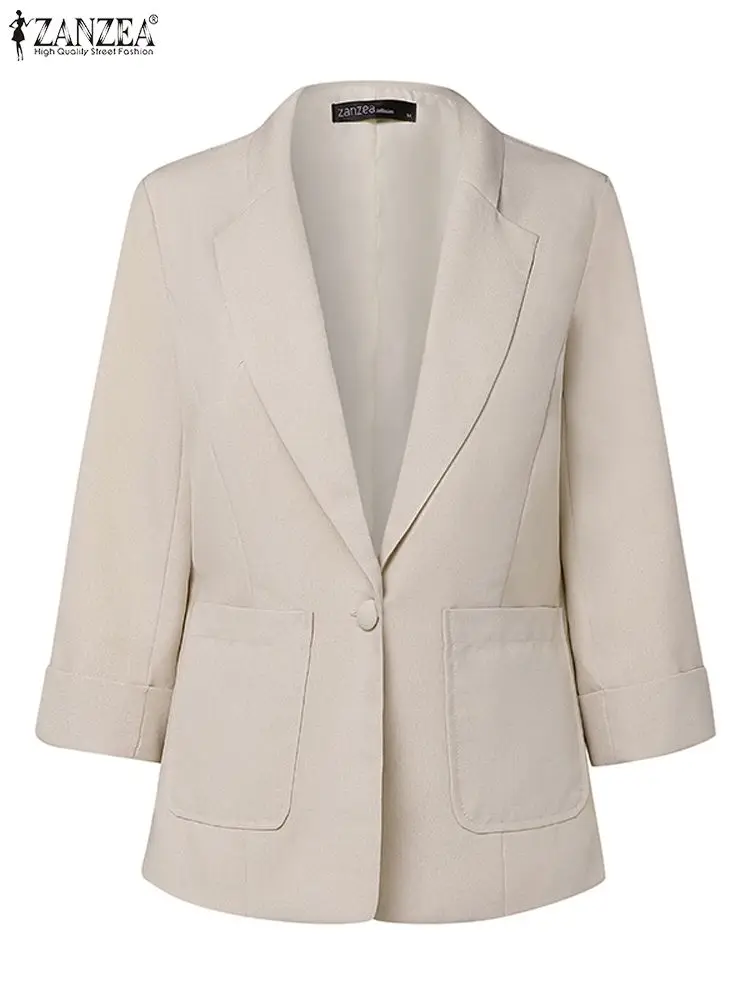 2024 Zanzea Vrouwen Blazer Herfst 3/4 Mouwen Elegante Office Ol Jassen Mode Losse Pak Kraag Casual Effen Kleur Zakken Uitloper