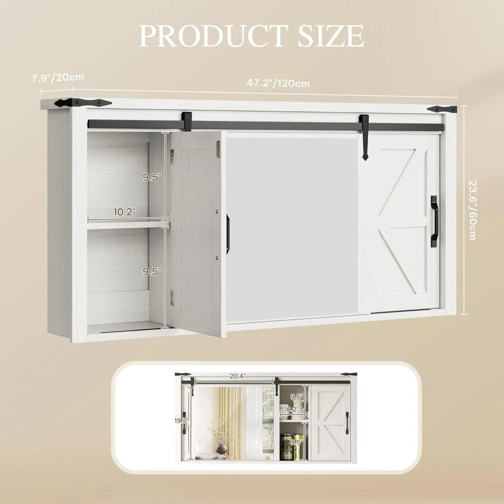 Bathroom Medicine Cabinet with Mirror, Large Wall Cabinet w/Rustic Sliding Barn Door