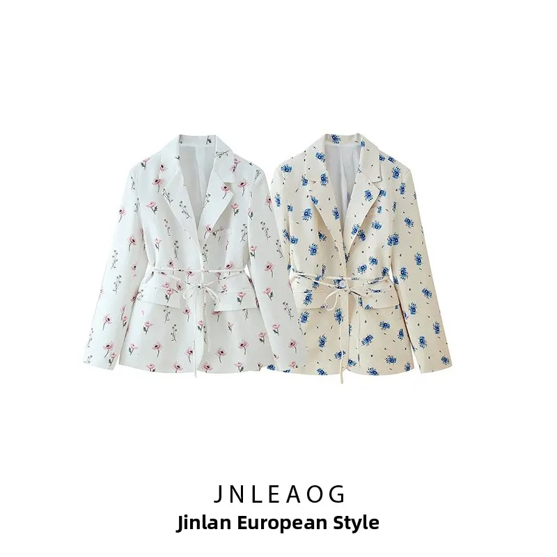 Spring New Faion Women's Suit Jaet Printed Stand Collar Belted Two-color Polyester Fiber Casual Long Sve Coat