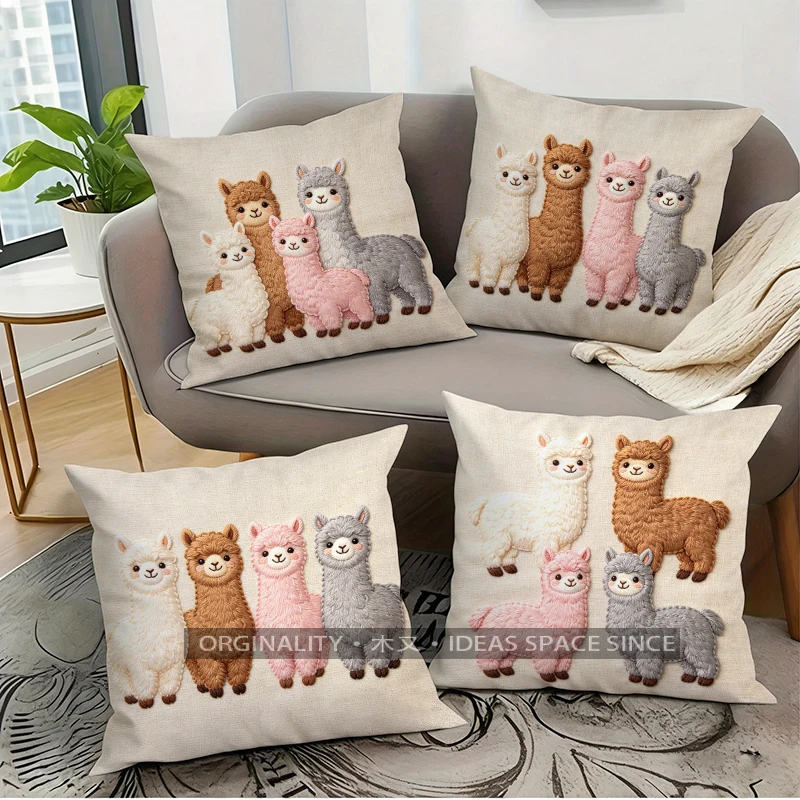 

Cute Alpaca Family Square Throw Pillow Covers Pattern Cushion Cover Suitable for Sofa Bedroom Car Pillow Cover