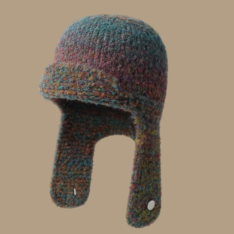 Korean Gradual Change of Color Knitting Trend Pilot Hat Men and Women Autumn and Winter Warm Ear Protection Bomber Beanie Cap