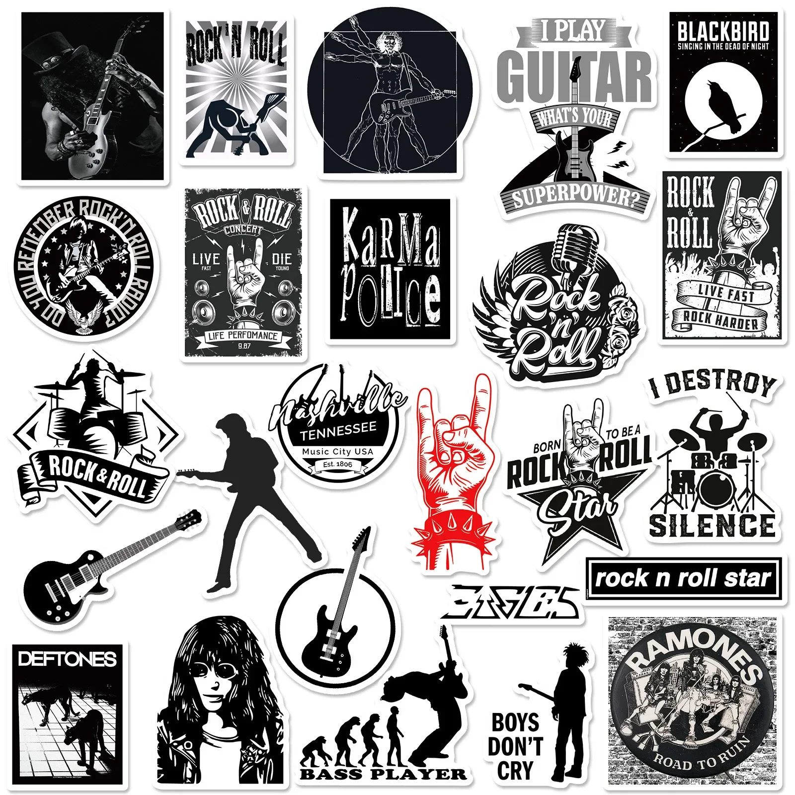 10/50pcs Cool Rock Roll Music Stickers Band DIY Helmet Guitar Phone Laptop Motorcycle Skateboard Luggage Classic Sticker Toy