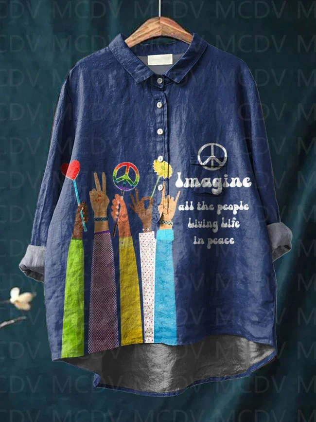 Imagine All The People Living Life In Peace Art Print Casual And Linen Shirt Women's Tops