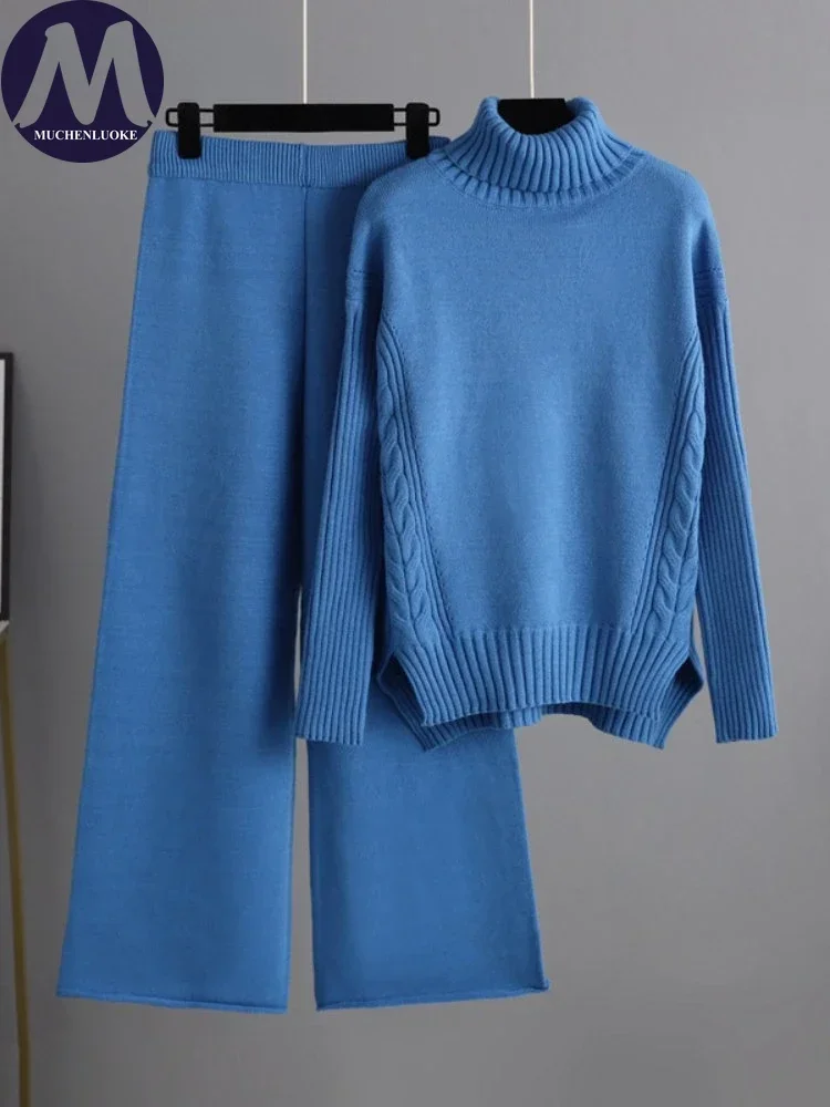 Set Dua Potong untuk Wanita 2025 Musim Gugur/Musim Dingin Set Sweter Pullover Kerah Tinggi Rajutan Baru Set Celana Kaki Lebar Longgar Kasual Fashion