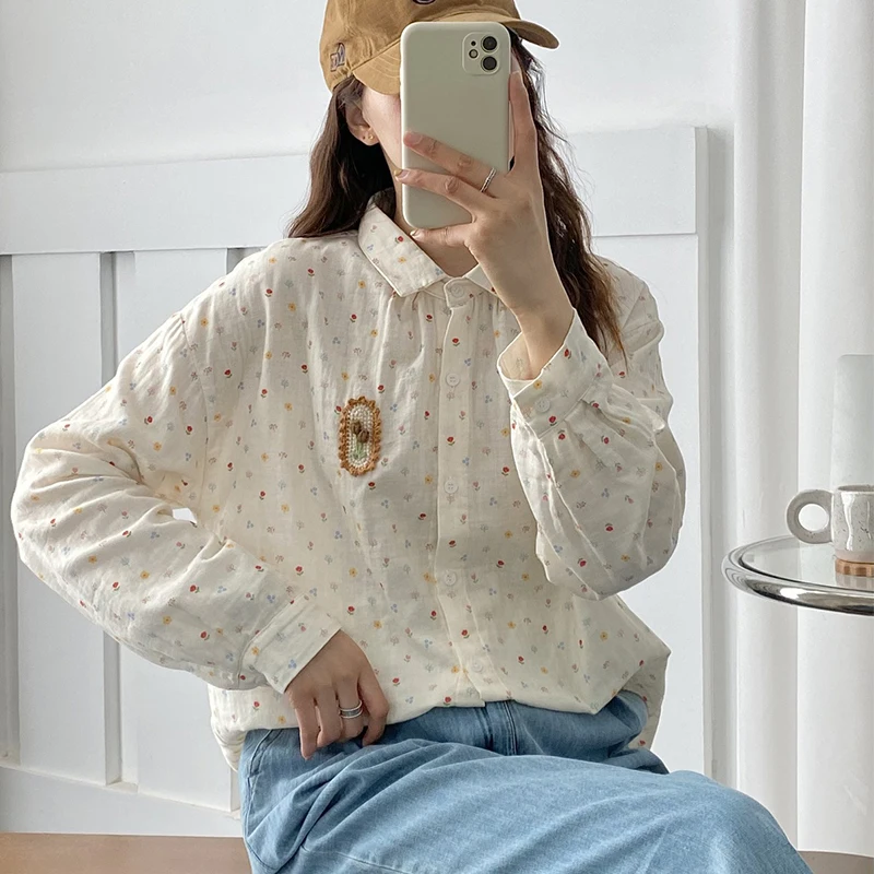 Double-layer Cotton Yarn Floral Printed Tops Women Clothes Long-sleeved New Turn Down Collar Slimming Shirts & Blouses U002