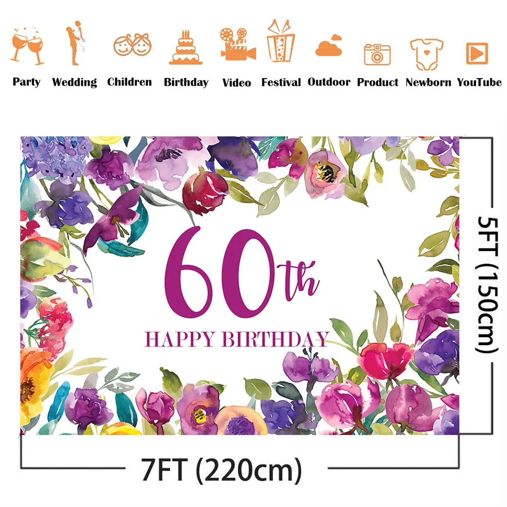 60th Birthday Backdrop for Party Decoration Purple Flowers Adult Women Theme Photo Background Prop Happy Birthday Customize