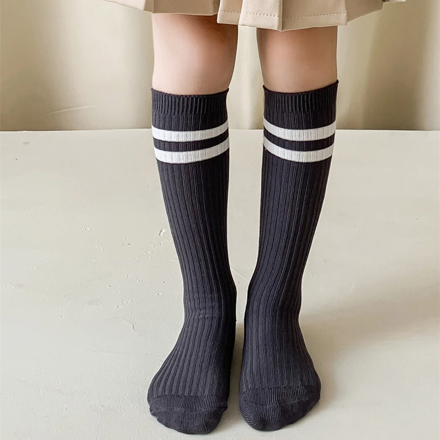 Autumn Warm Children Length Knee Socks Pure Cotton Black White Striped Boys Girls  College Style Sports Socks For 1-12 Years