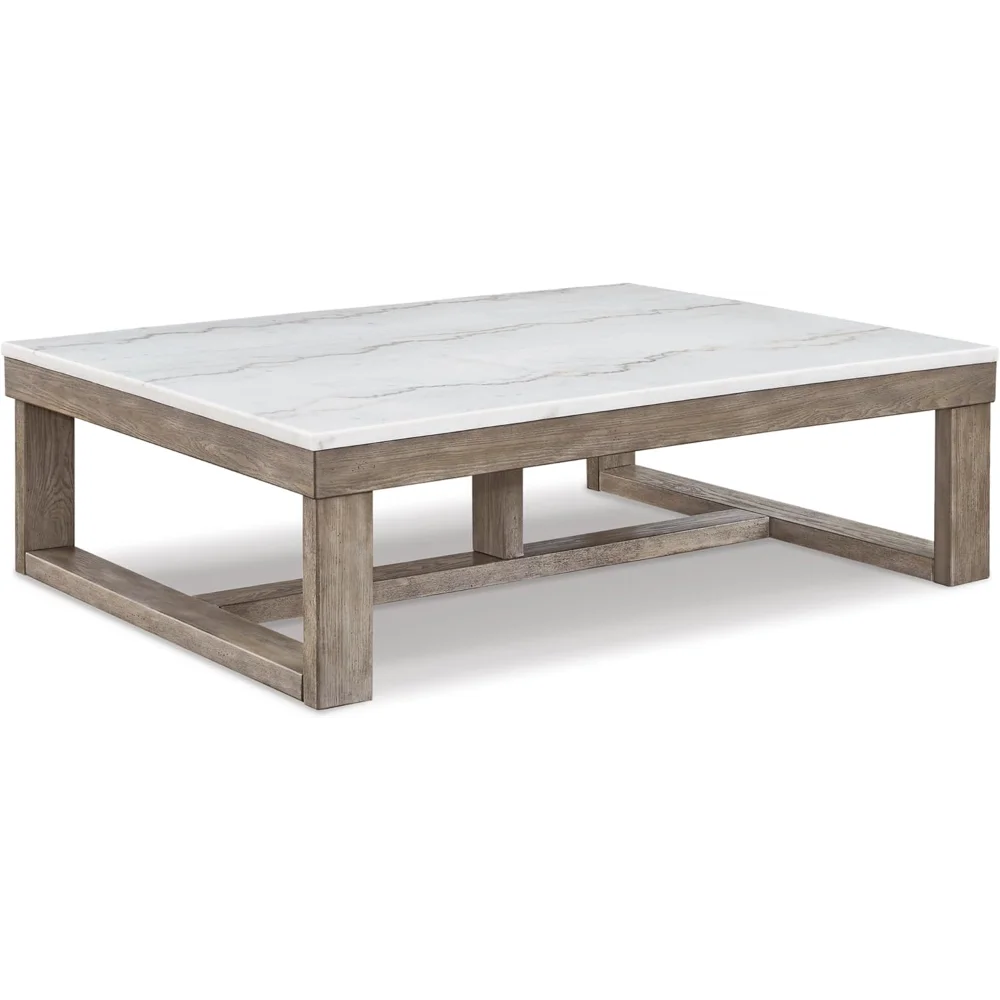 Signature Design by Ashley Loyaska Casual Cocktail Table with Natural Marble Top, White & Light Gray