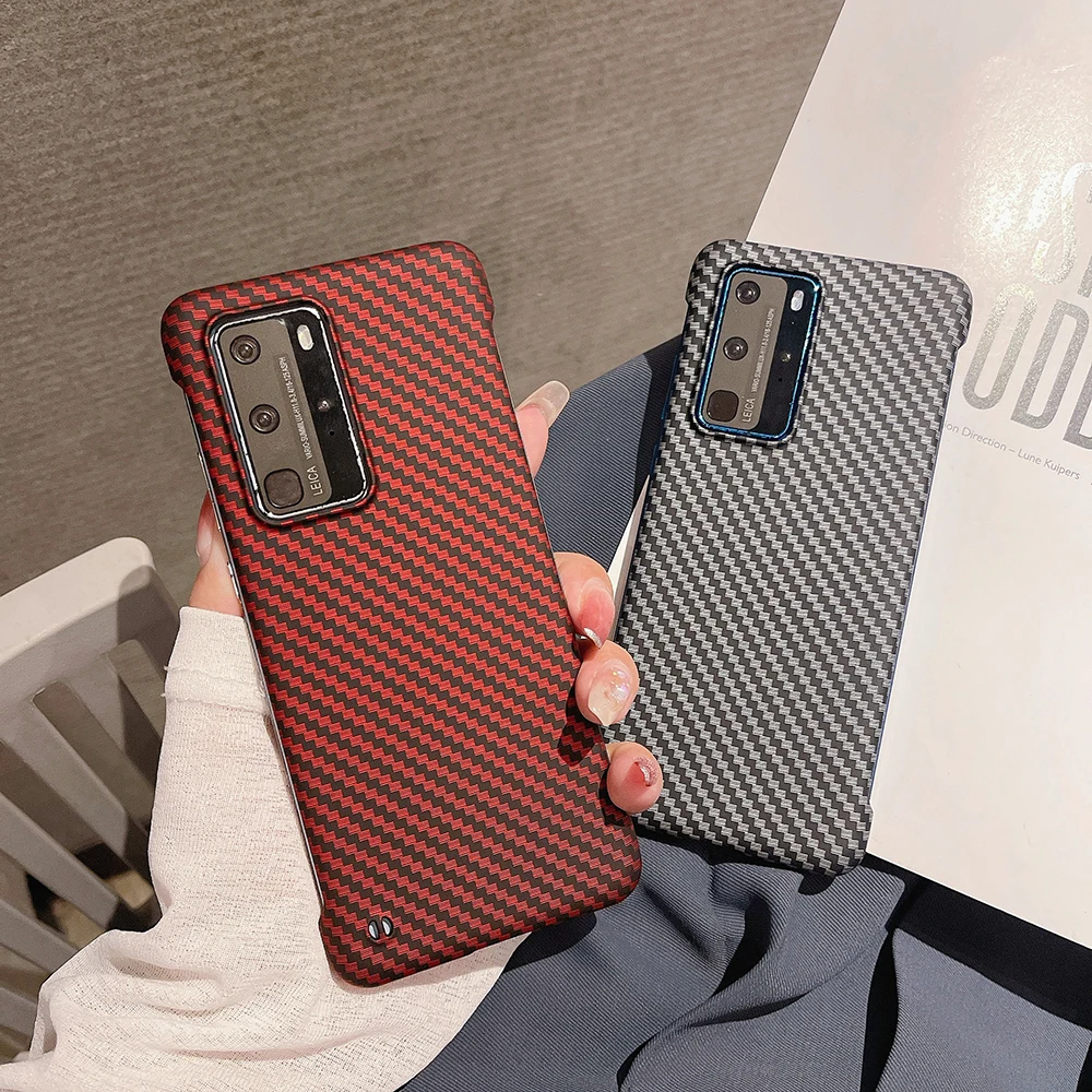 Slim Frameless Carbon Fiber Texture Phone Case For Huawei P50 P40 P30 Mate 50 40 30 Nova 10 Pro 9 Hard Plastic Cover