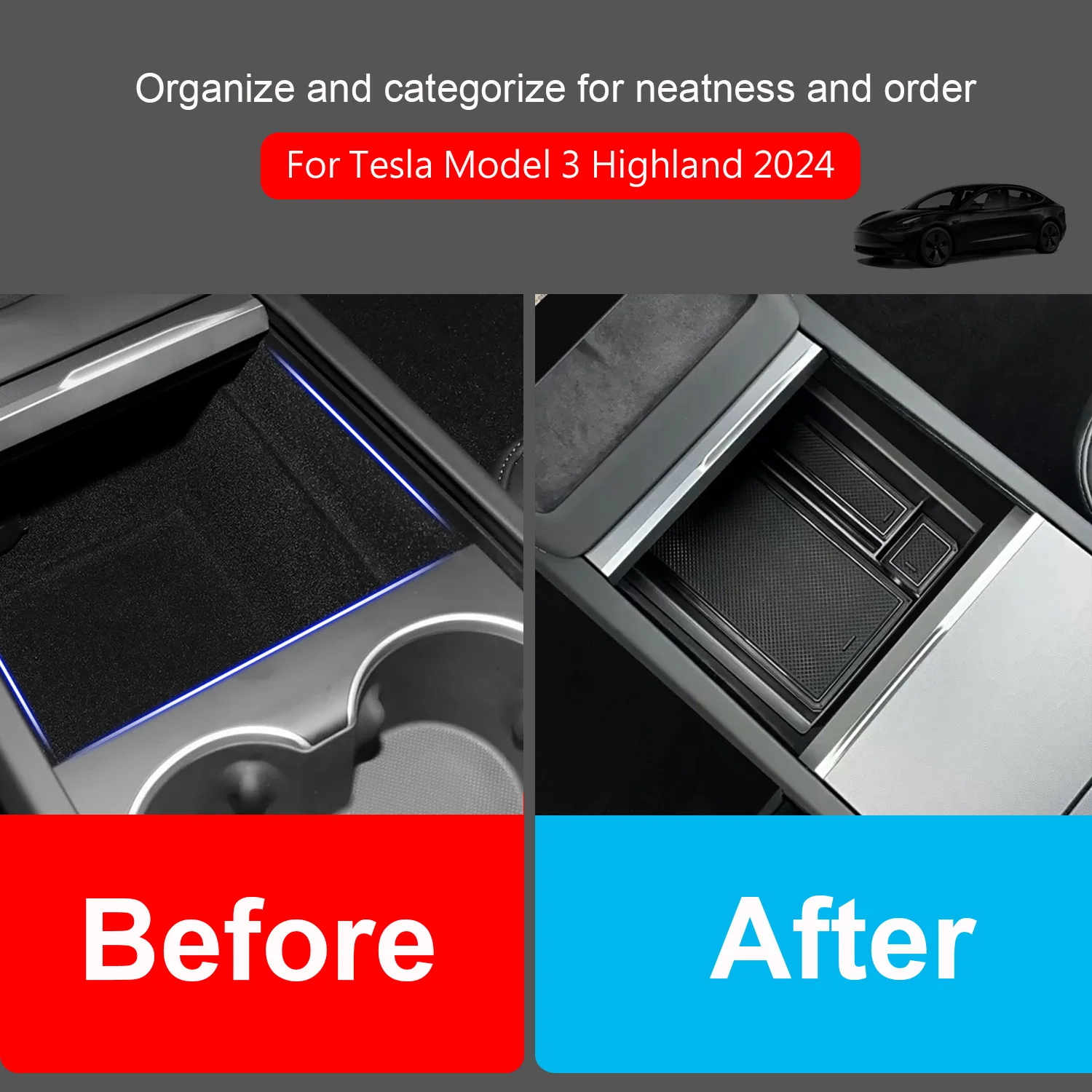 For Tesla Model 3 Highland 2024 Center Console Organizer Tray Storage Box Accessories ,with Smooth Slide Technology