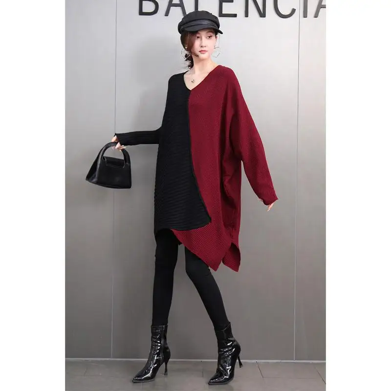 Vefadisa 2025 Spring Autumn New Brown Patchwork Sweater V-neck Batwing Long Sleeved Loose Casual Irregular Sweater ZXY1334A