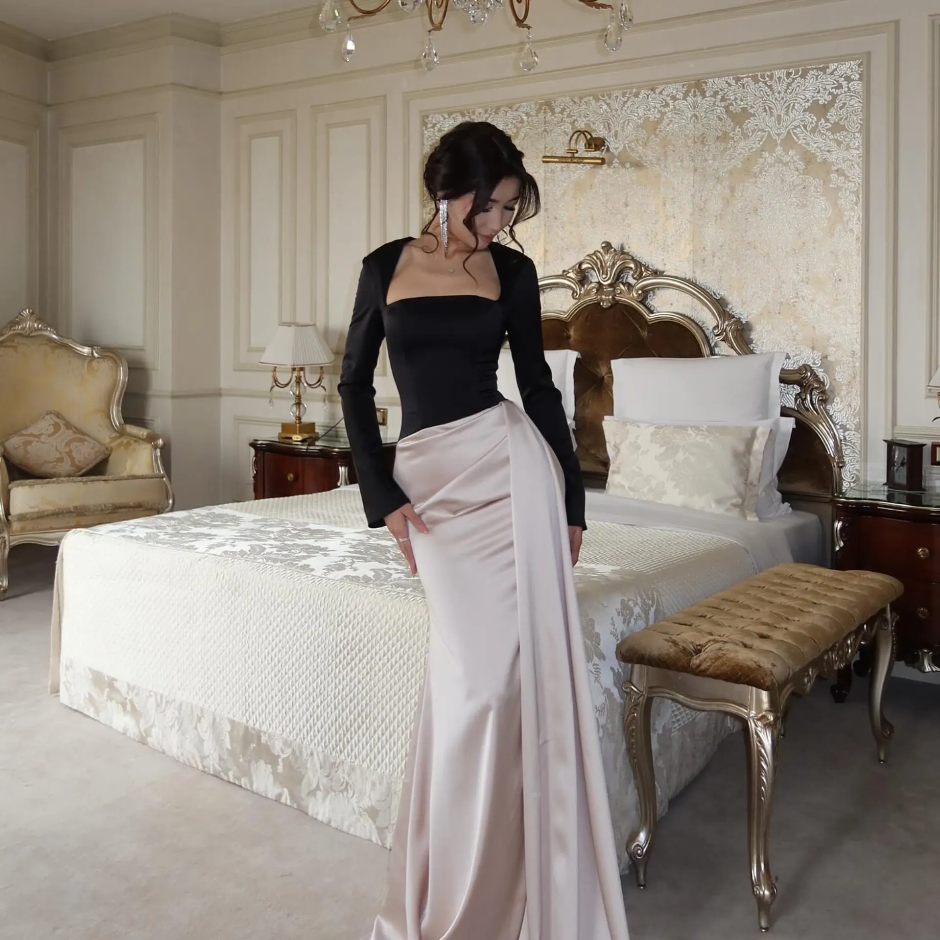 

Elegant Nude Pink Satin Maxi Skirt for Women, High Waist A-Line Mermaid Design, Floor Length Skirts, Sexy Party Evening Skirt