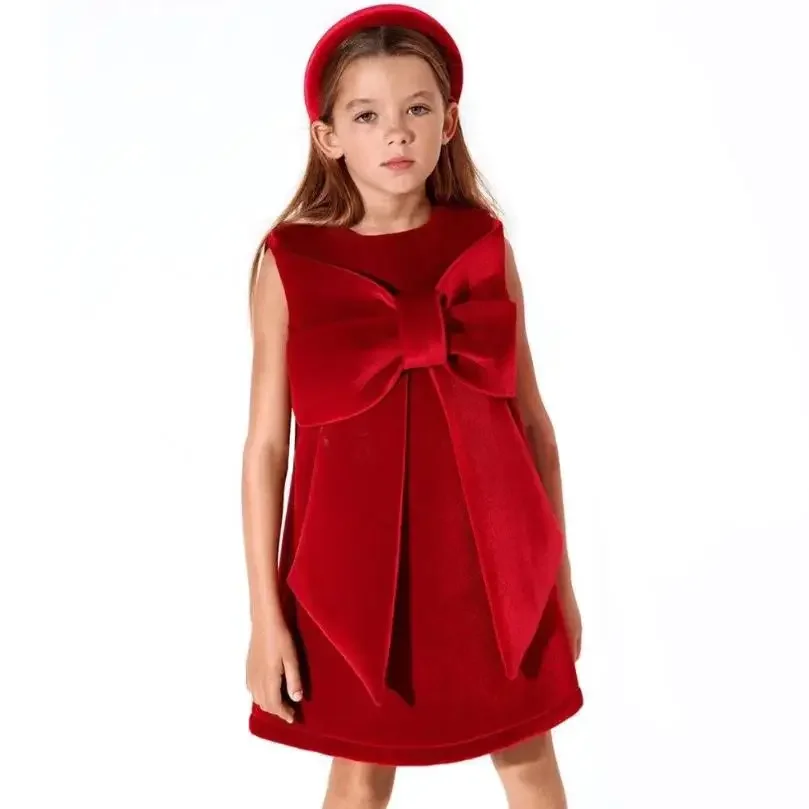

2025 New Year Child Big Bow Red A-line Dress Birthday Baptism Party Princess Gown For Girls Clothing 1-8 Year