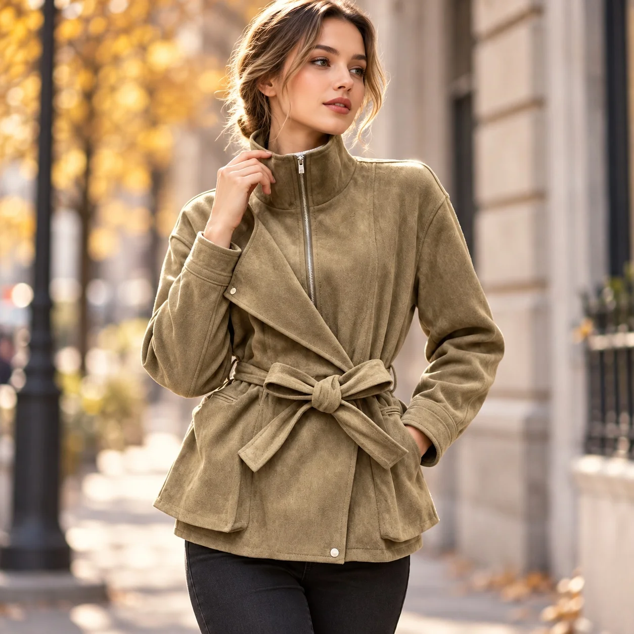 Tie Notched Collar Waist Cinching Retro Top with 3d Effect Pattern Medium Weight Short Length Single Women Autumn Jacket