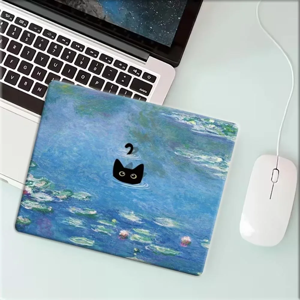 Small Rectangle Mouse Pad Monet Water Cute Black Cat Oil Painting Print Non Slip Rubber Mini PC Desk Mat Art Aesthetic Accessory