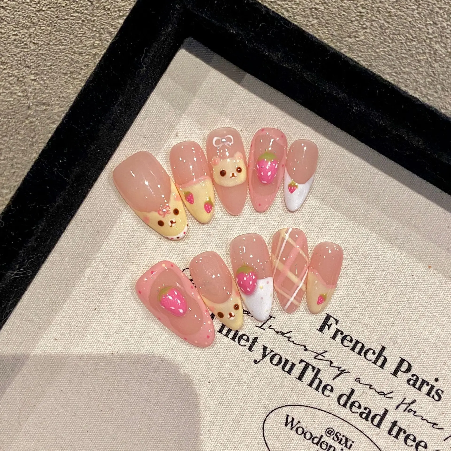 

Handmade Press on Nails Cute Bear Fake Nails 3D Strawberry Design Sweet Yellow French False Nails Girl Lady Wearable Full Cover