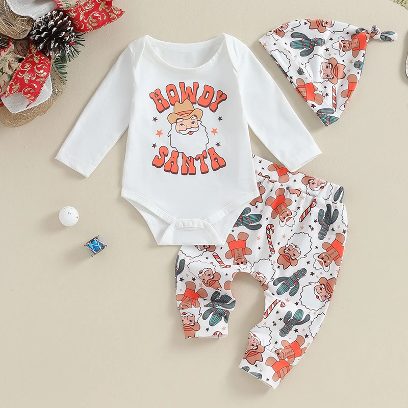 

BeQeuewll Baby Christmas Outfit Western Long Sleeve Santa Print Romper And Pants And Hat Set Infant Clothes