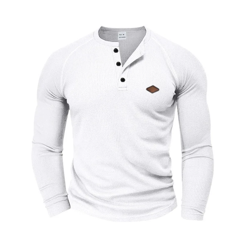 Men's Casual American Spring And Autumn Waffle Thin Quick-Drying Button Shoulder Henley Shirt Long Sleeve