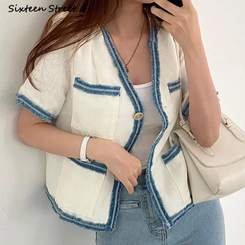 Chic Cropped Jackets Women  Summer V-neck Button Up Vintage Beige Oversized Cardigan Women Coat Business Work Cloths