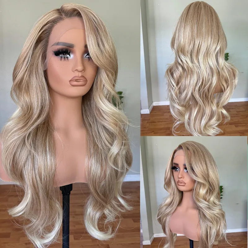 Honig blond mit warmen braunen Highlights farbige Spitze Frontal Perücke natürliche lose Welle synthetische Haar Perücke Frauen Halloween Kostüm