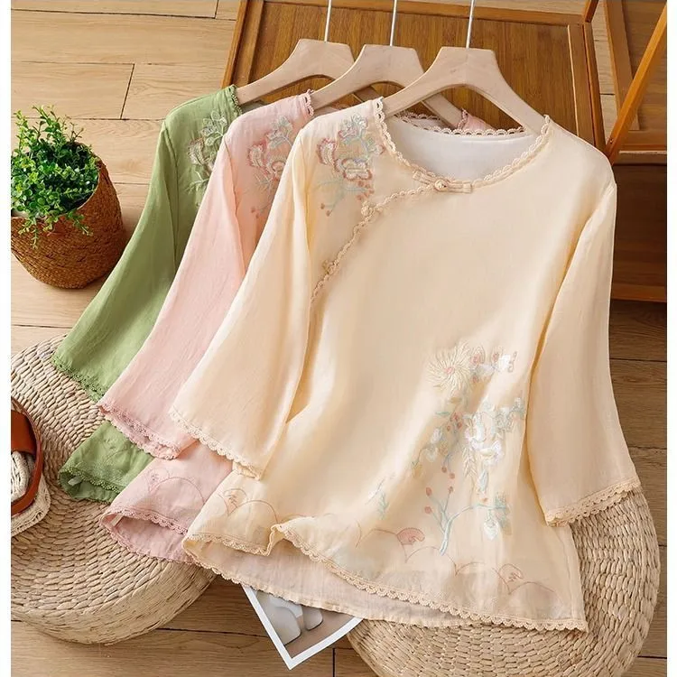 

Винтажная блузка с вышивкой, женская летняя свободная женская одежда в стиле Харадзюку, Blusa, хлопковые и льняные женские топы, футболка Camiseta Mujer