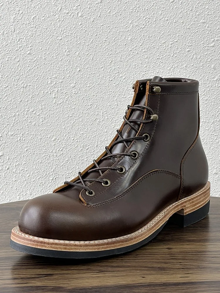 Handmade Mens High Top Oil Wax Cowhide Genuine Leather Ankle Boots Round Toe Lace Up Work Safety Shoes Vintage Designer Boots 46