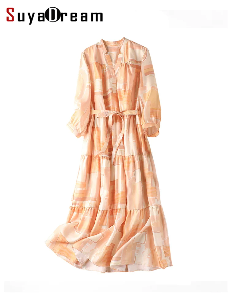 

SuyaDream Women Long Shirt Dresses 22mm 100%Pure Silk Printed Sashes Maxi Dress 2022 Spring Summer Holiday Clothes Orange