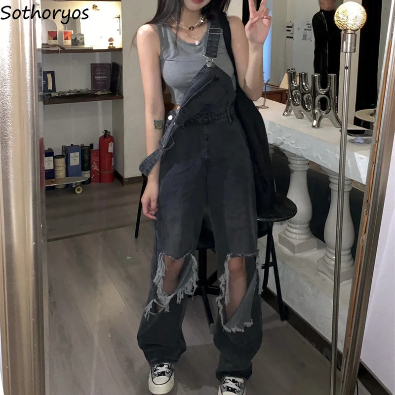 Hole Jumpsuits Women Loose Casual Solid Empire BF Style Ins Schoolgirl Denim New Arrival Retro Hot Sale Daily Mujer Summer Chic