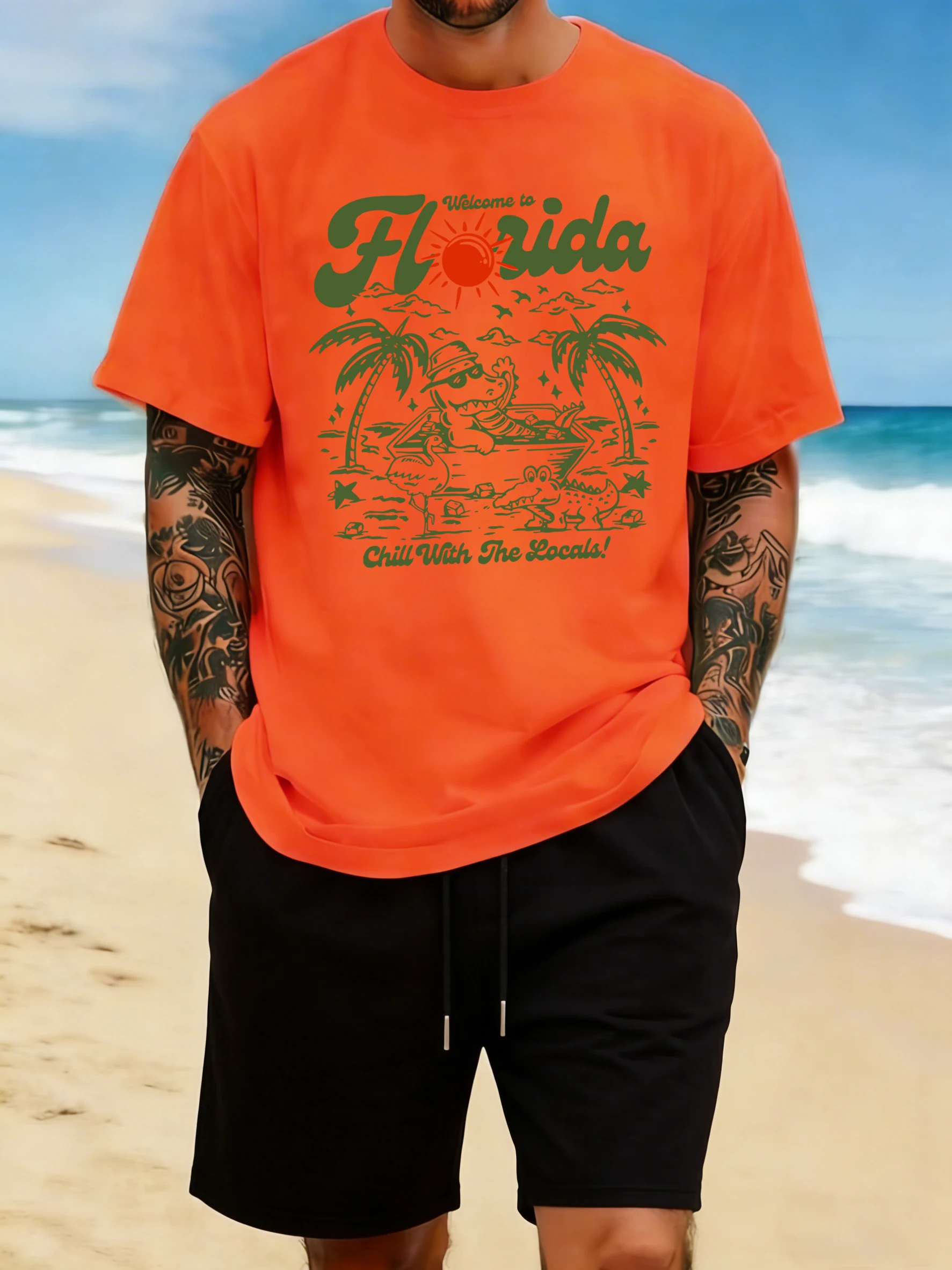 Welcome To Florida Coconut Tree Print T Shirt Man Summer All-Match Basic T-Shirt Casual O-Neck Streetwear Cotton Loose Clothes
