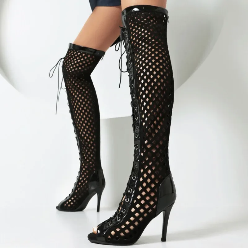 

2024 Mesh Faux Suede Open Toe Cool Boots Sexy Fish Mouth Over Knee Summer Cool Boots Size 34-48 Woman Shoes 7cm/9cm/10.5cm Heels