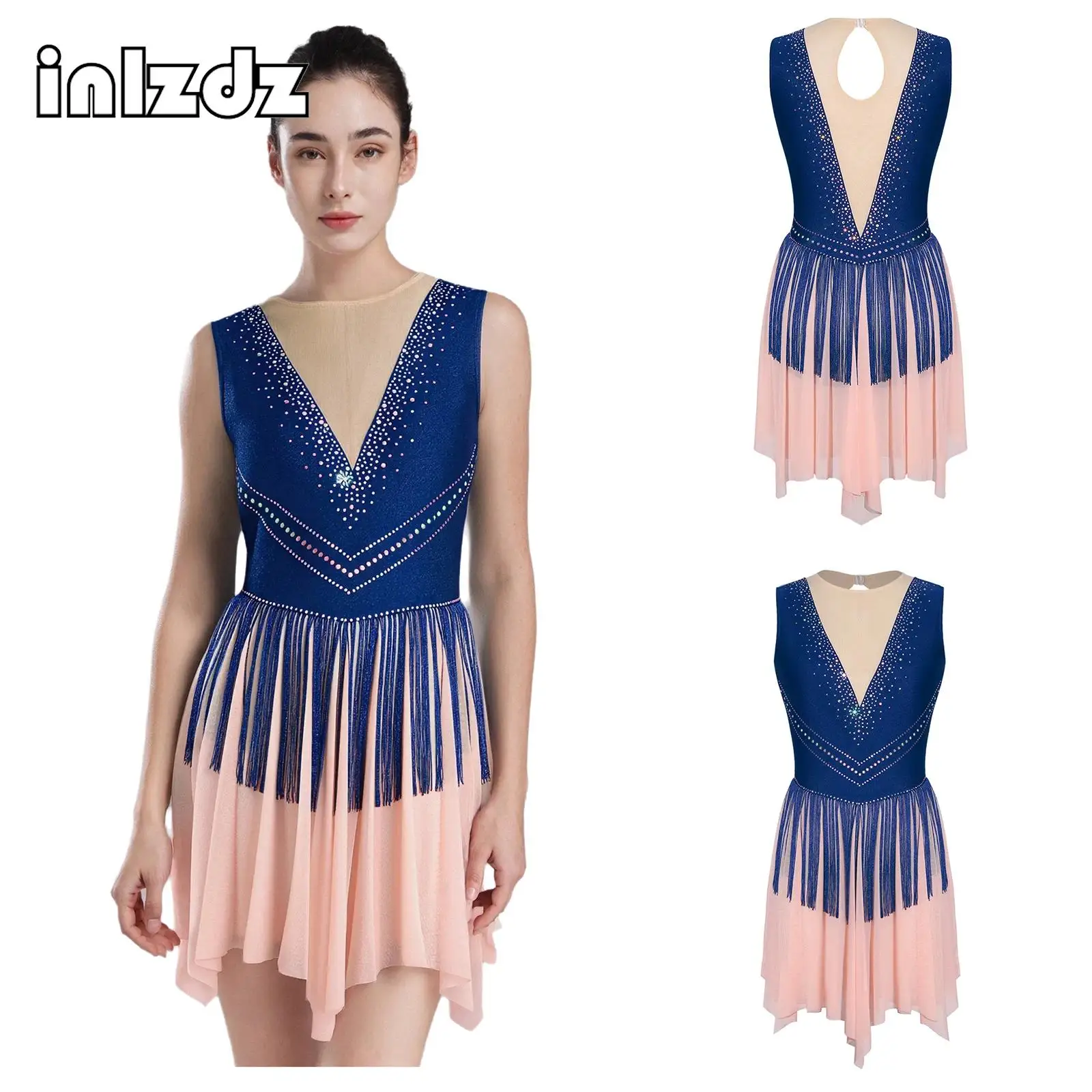 Vestido de baile rítmico latino de Ballet para mujer, vestido de patinaje artístico con borlas de diamantes de imitación, sin mangas, vestidos de Leotardos de malla de Color contrastante