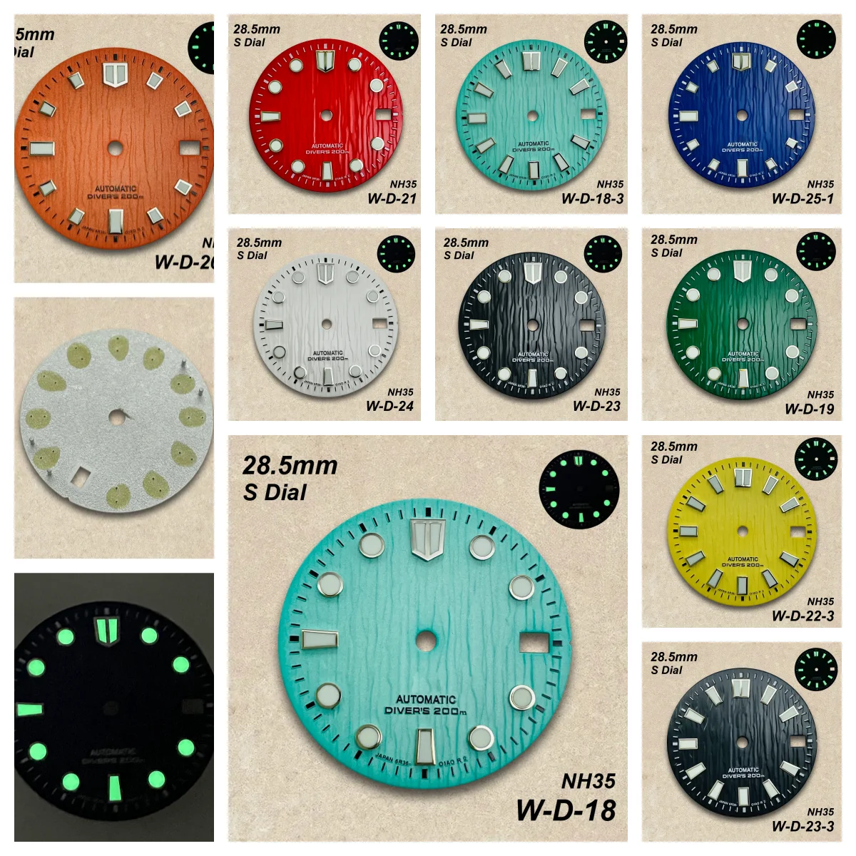 28.5mm Glacier S Dial For NH35/36 Automatic Movement C3 Green Luminous High-Quality Tbark Exture Watch Modification Accessories