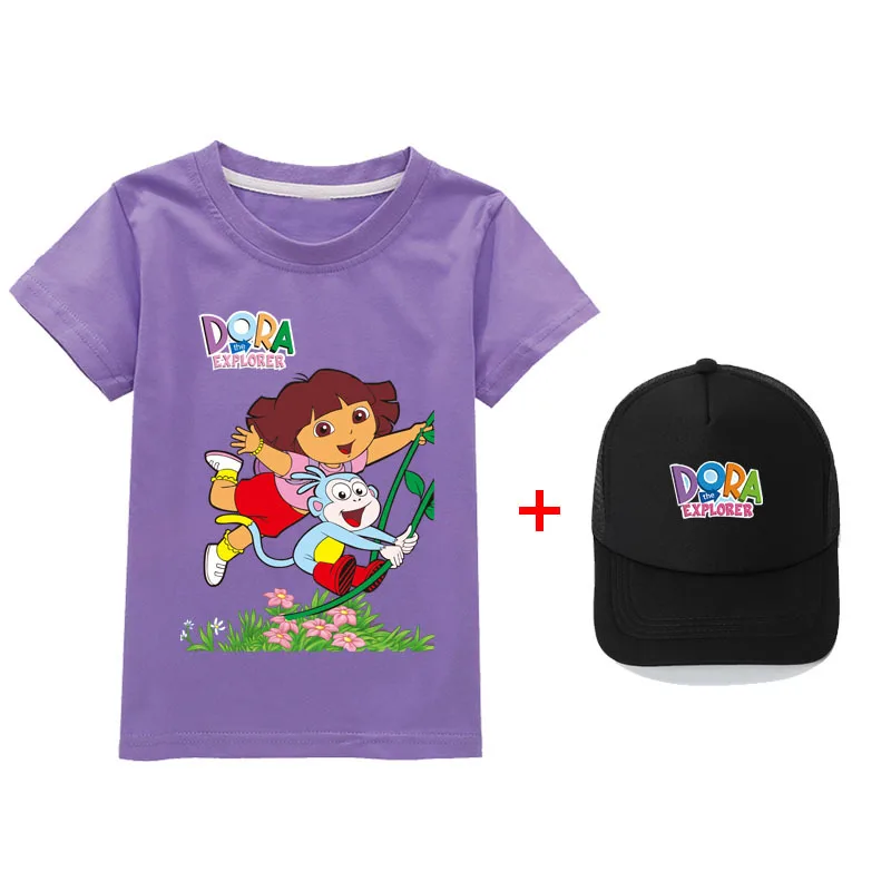 Fashion Casual Summer Dora suit children's top T-shirt + Hat birthday girl kids clothes stars Cartoon t shirts clothes for teens