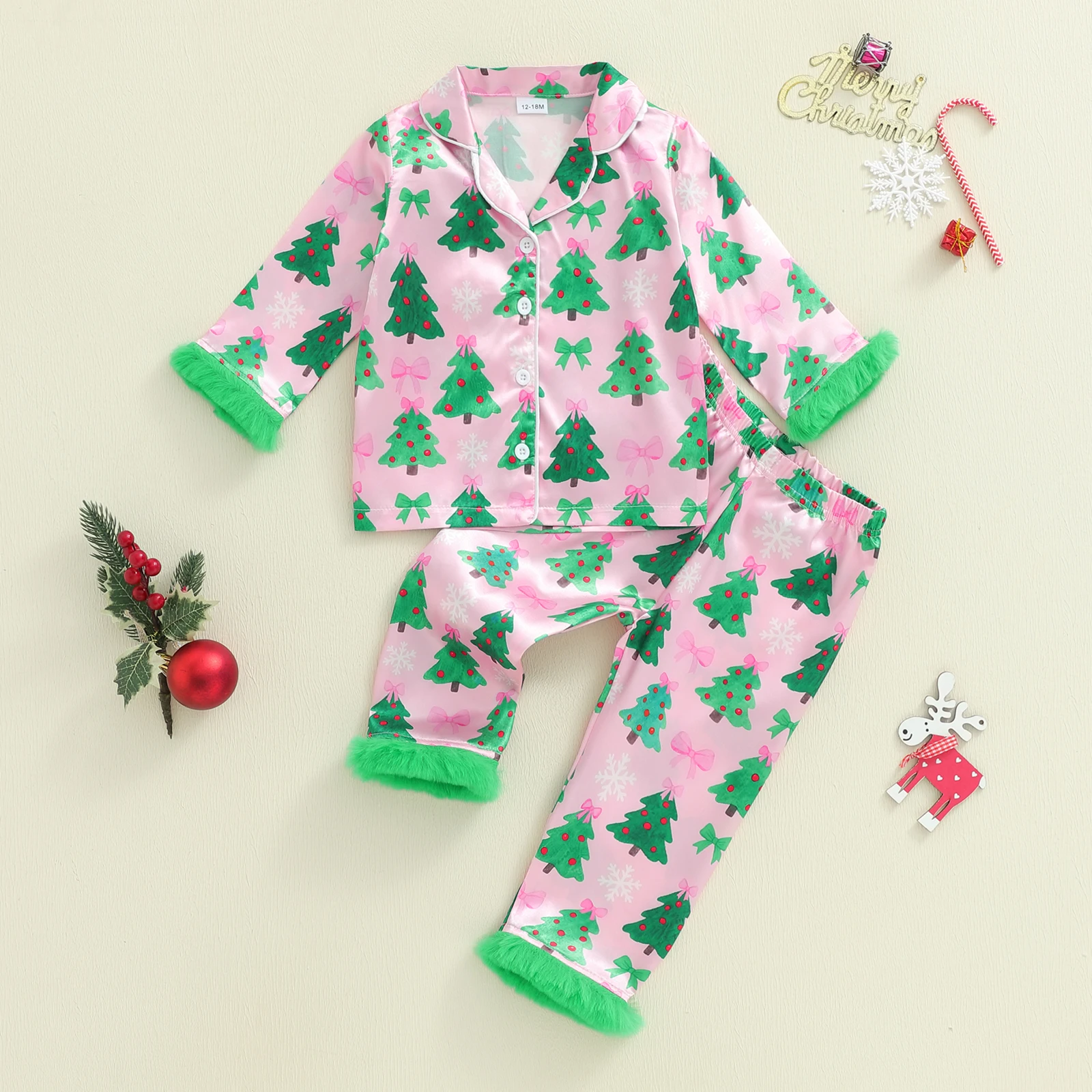 FOCUSNORM 0-7Y خريف شتاء أطفال بنات عيد الميلاد بيجامة من الساتان الملابس مجموعة شجرة طباعة التلبيب كم طويل زر أسفل القمم السراويل #4