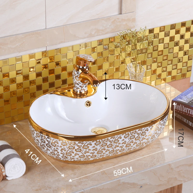 Light Luxury Gold Oval Table Basin Pattern Ceramic Art Wash Basin, Chaozhou City, Guangdong Manufacturer Dihong Bathroom