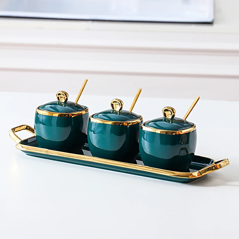 Nordic Ceramic Seasoning Pot Dark Green Gold Pattern Kitchen Storage Box Table Decoration Glass Jars and Lids