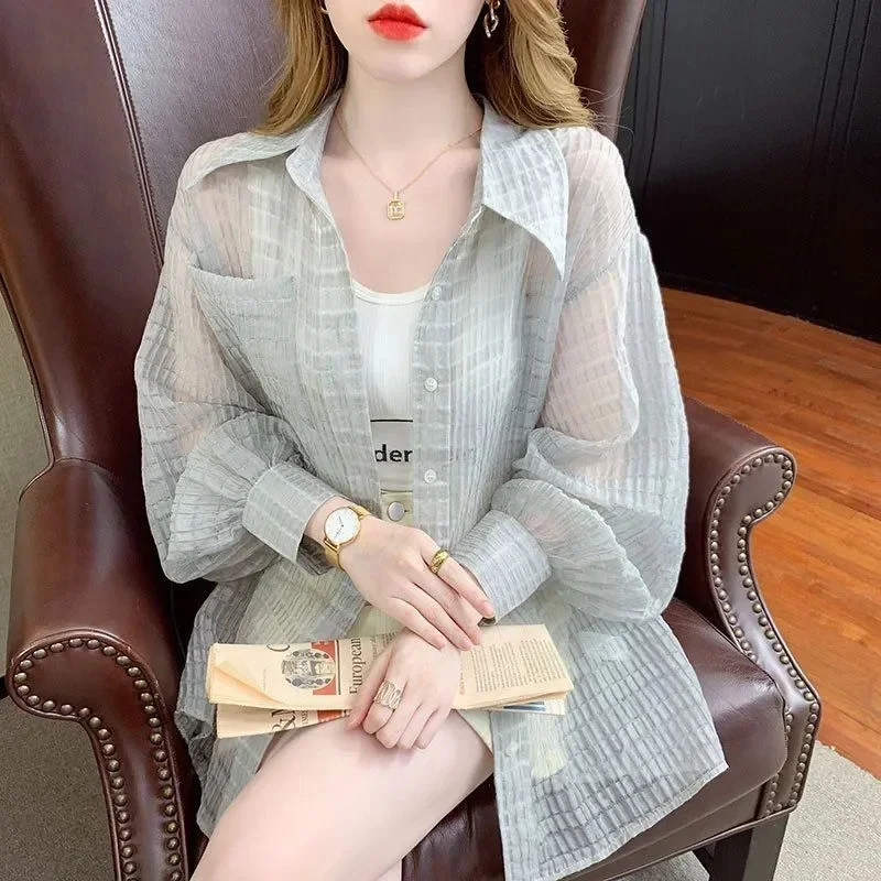 

Women Solid Color screen Clothing Korean Ladies Long Sleeves Shirt Summer Female Fashion Loose Thin Tops Coat