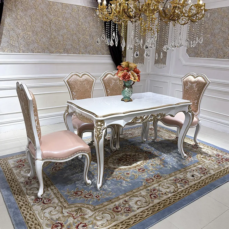 French solid wood dining table and chair combination, European-style palace luxury carved rectangular dining table for 6 people,