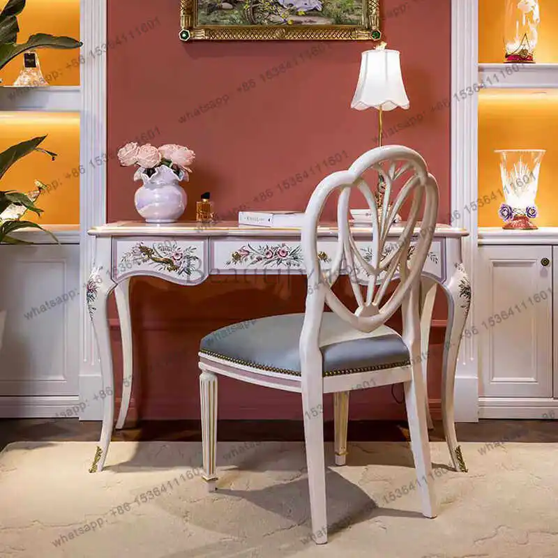 HJ French romantic solid wood carving flower hand painted sticker gold leaf desk villa bedroom