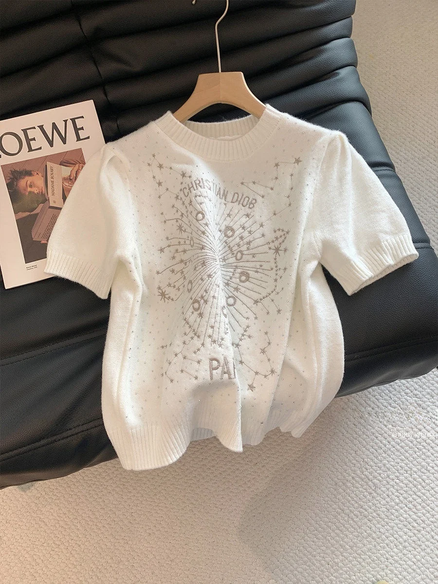 

Luxury Embroidered Star Heavy Work ort Sve Women's Knitted Top Sparkling Rhinestones Versatile Slimming Faionable 2026...