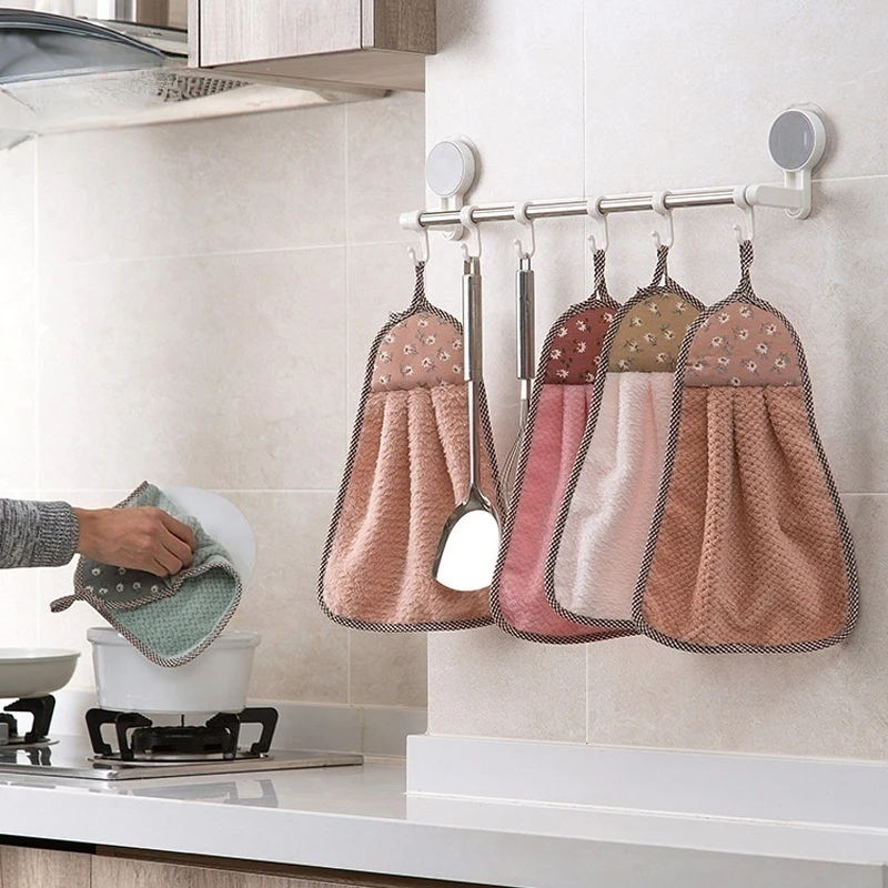 Coral Velvet Hand Towel Hanging Absorbent Towel Thickened Kitchen Hanging Towel Cleaning Rag Dish Towel Cloths household