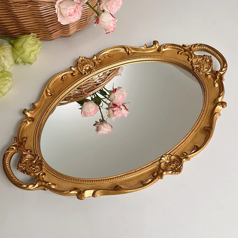 

Cutelife Vintage Gold Plastic Glass Storage Tray Home Kitchen Cake Coffee Decorative Tray Perfume Jewelry Table Accessory Trays
