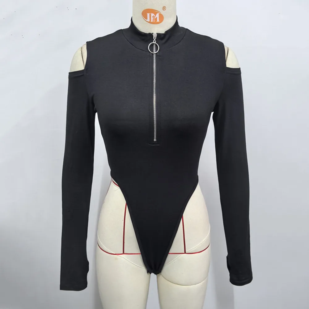 BKLD 블랙 바디수트 가을 겨울 2026 여성용 새로운 패션 클럽 의상 지퍼 오프 숄더 긴팔 바디수트 원피스