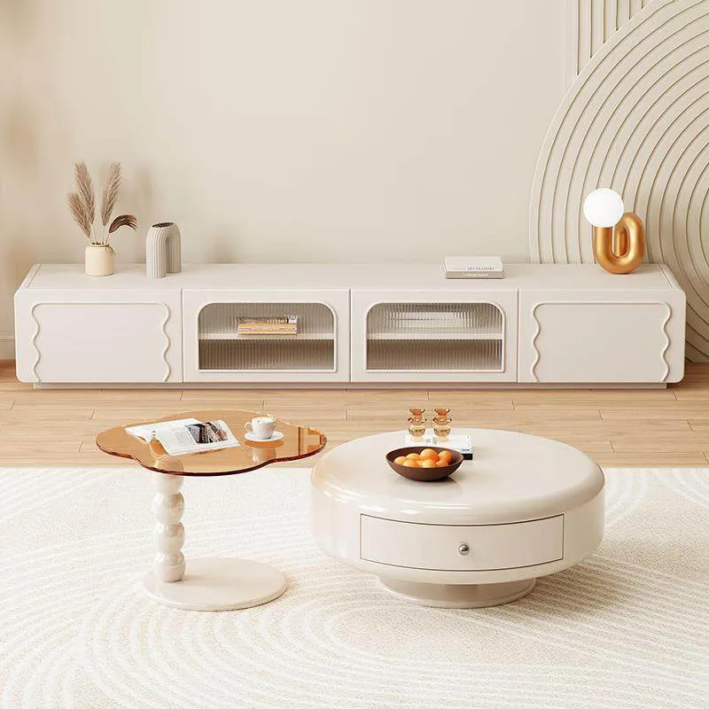 K*-Round Edge Wooden TV Cabinet Apartment Living Room Storage TV Stand Home Use Wholesale Creamy Style TV Cabinet Unit