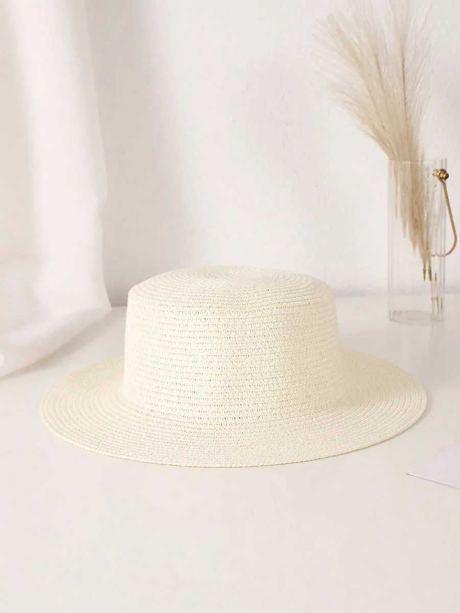 

Women Solid Color Flat Top Small Brim Straw Sun Hat For Beach Vacation