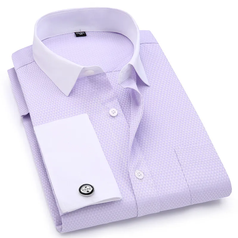 Camisas de gemelos franceses de gran tamaño para hombres, diseño de cuello blanco, tela Jacquard de Color sólido, vestido de caballero, camisa de manga larga